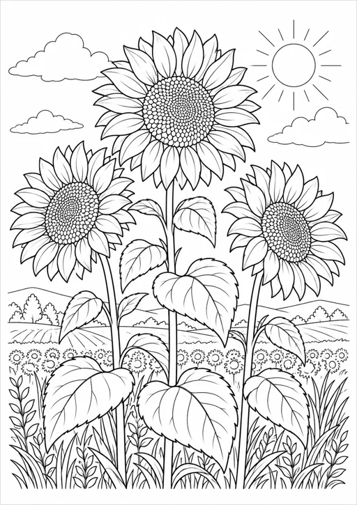 Tournesols dans le champ : dessin en noir et blanc à colorier