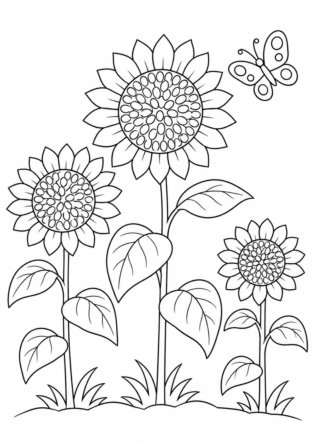 Tournesols du jardin : dessin noir et blanc à colorier