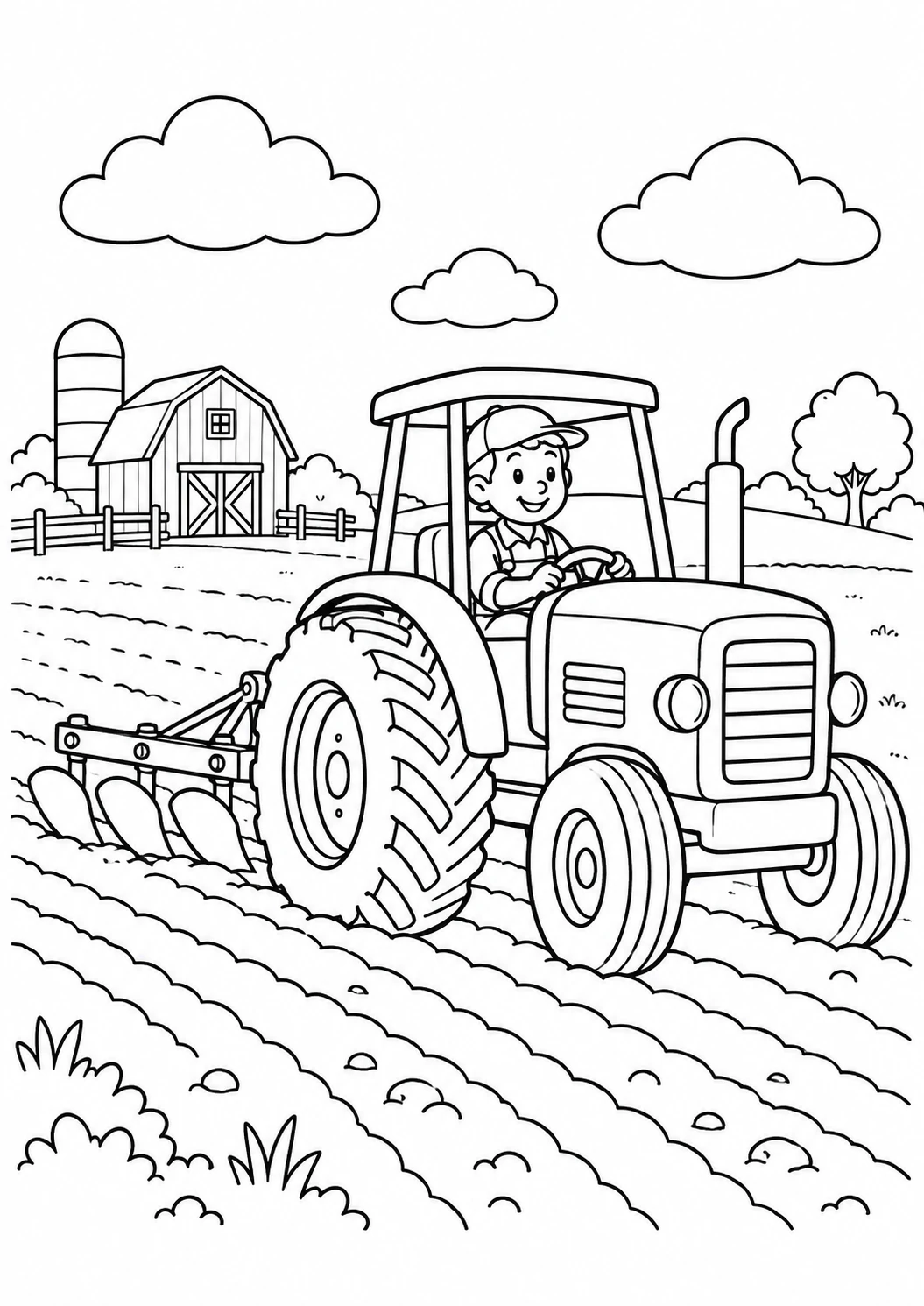 Tracteur à la ferme : dessin en noir et blanc à colorier