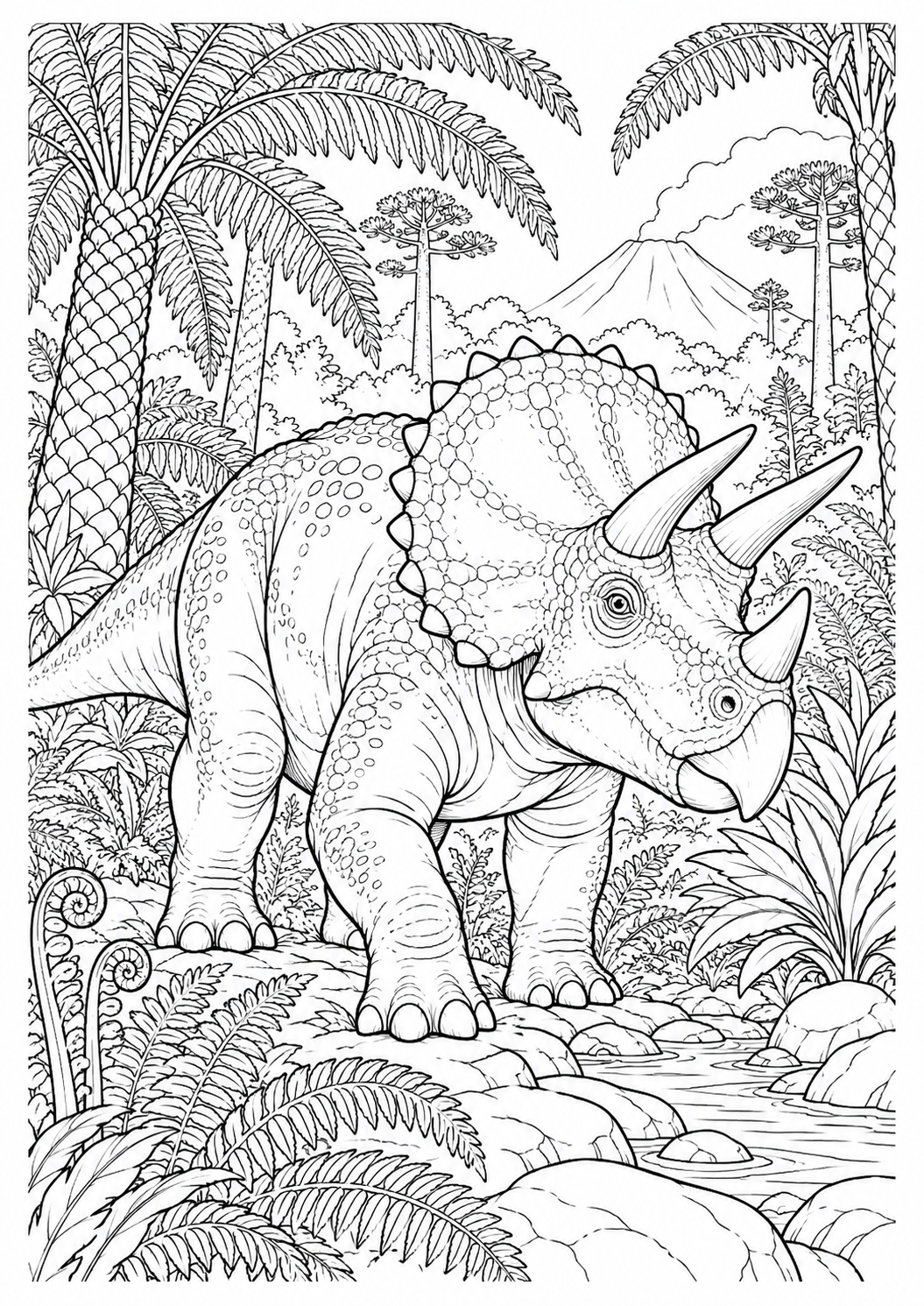 Tricératops dans la forêt : dessin noir et blanc à colorier