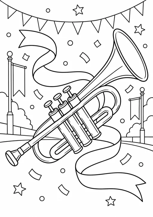 Trompette de fanfare : dessin en noir et blanc à colorier