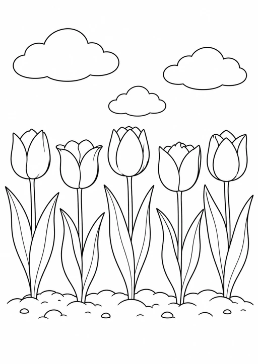 Tulipes du printemps : dessin noir et blanc à colorier
