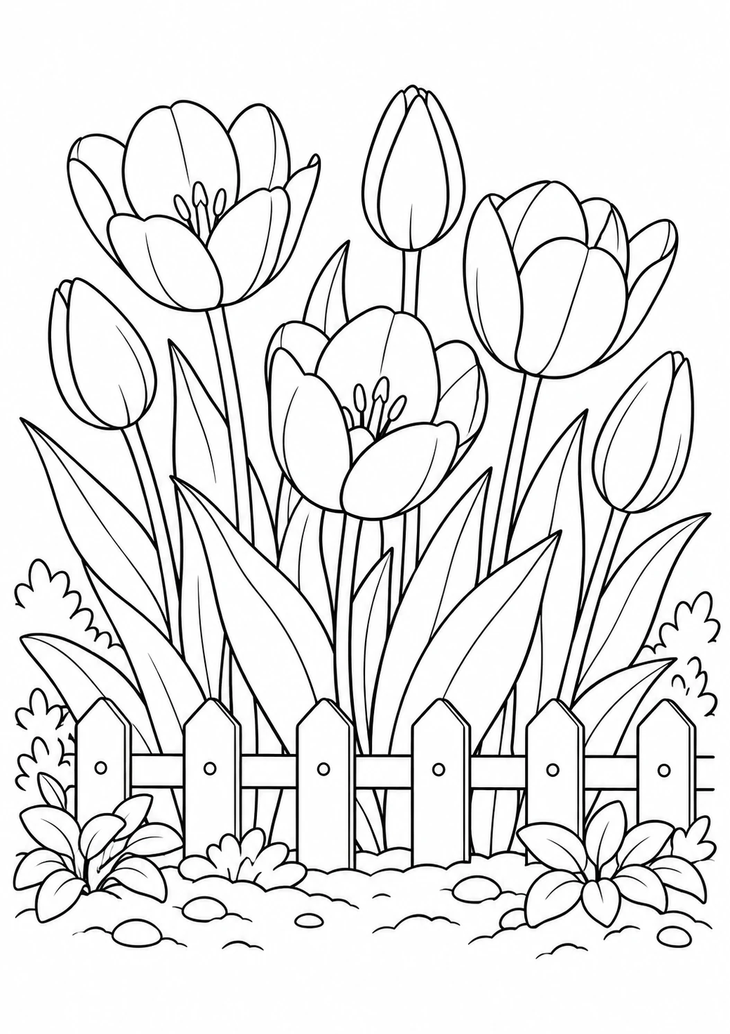Tulipes au jardin : dessin en noir et blanc à colorier