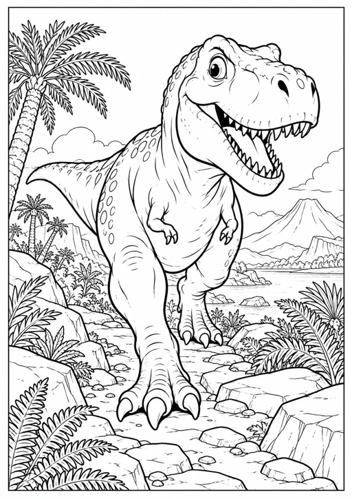Tyrannosaure en aventure : dessin noir et blanc à colorier