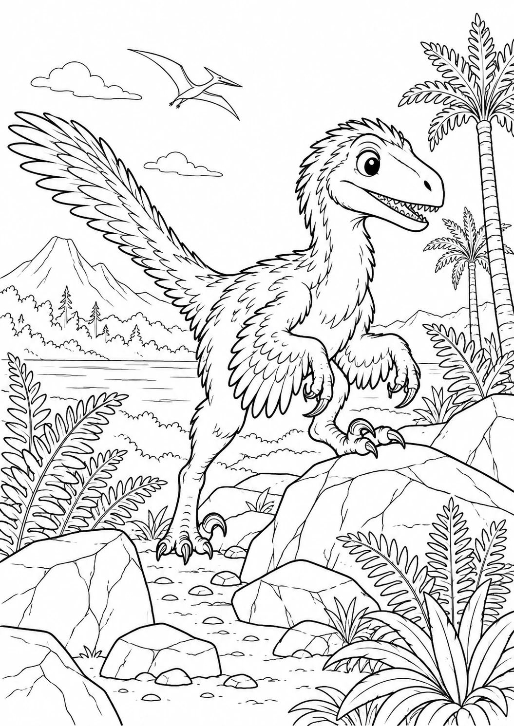 Vélociraptor parmi les rochers : dessin en noir et blanc à colorier