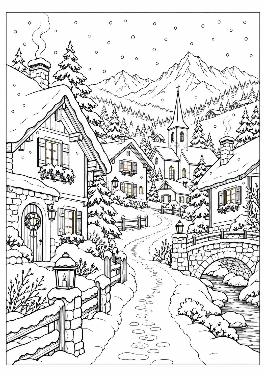 Village de Noël sous la neige : dessin noir et blanc à colorier
