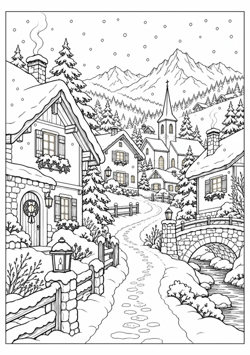 Village de Noël sous la neige : dessin noir et blanc à colorier