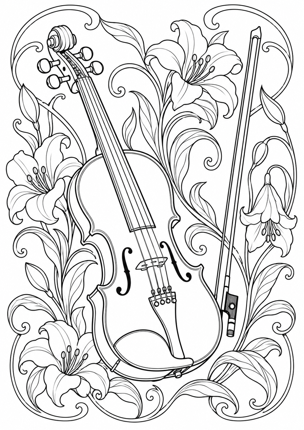 Violon entouré de fleurs : dessin noir et blanc à colorier