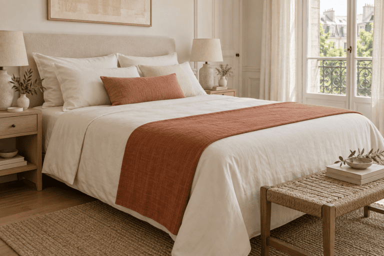 Chemin de lit en lin terracotta disposé au pied d’un lit avec une parure crème