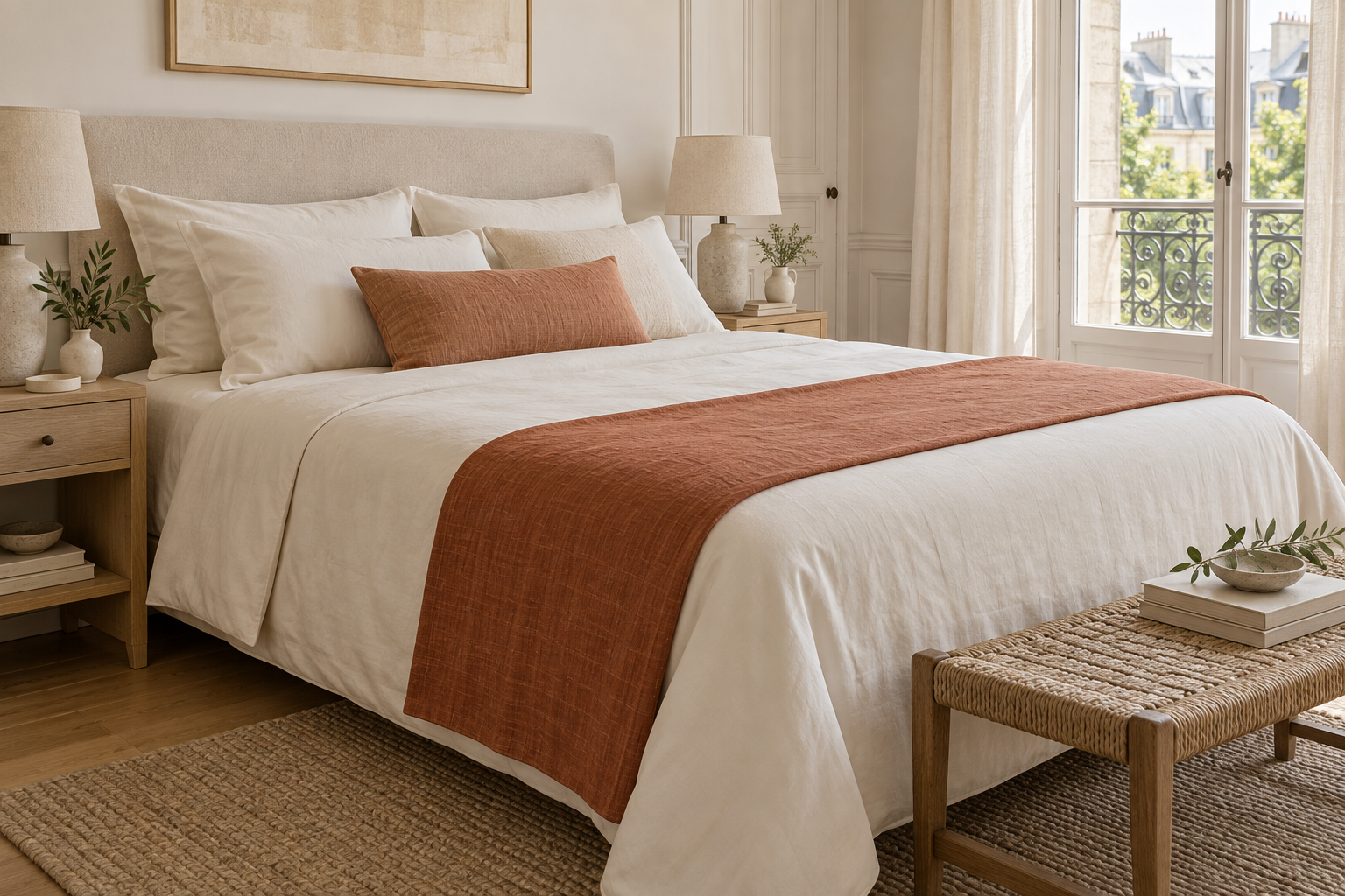 Chemin de lit en lin terracotta disposé au pied d’un lit avec une parure crème