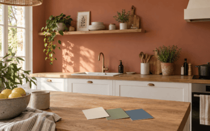 Mur terracotta dans une cuisine blanche et bois avec échantillons de peinture