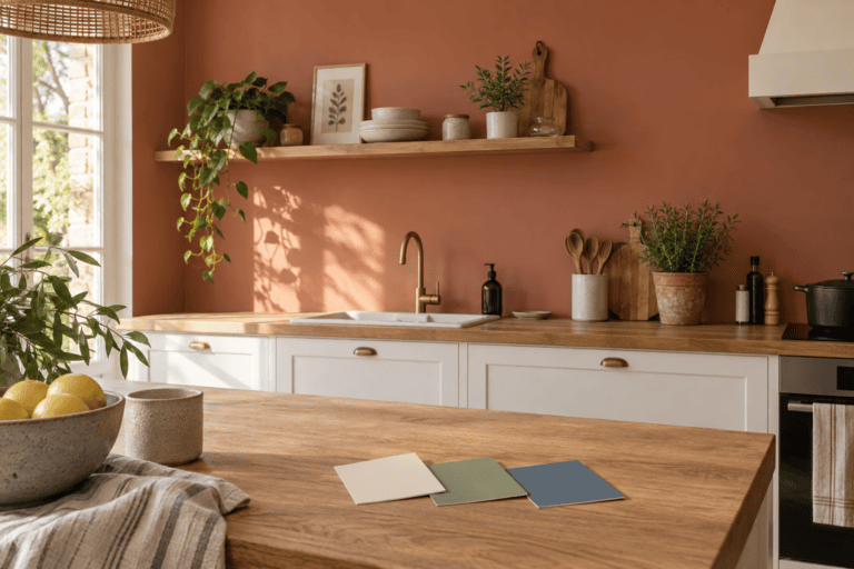 Mur terracotta dans une cuisine blanche et bois avec échantillons de peinture