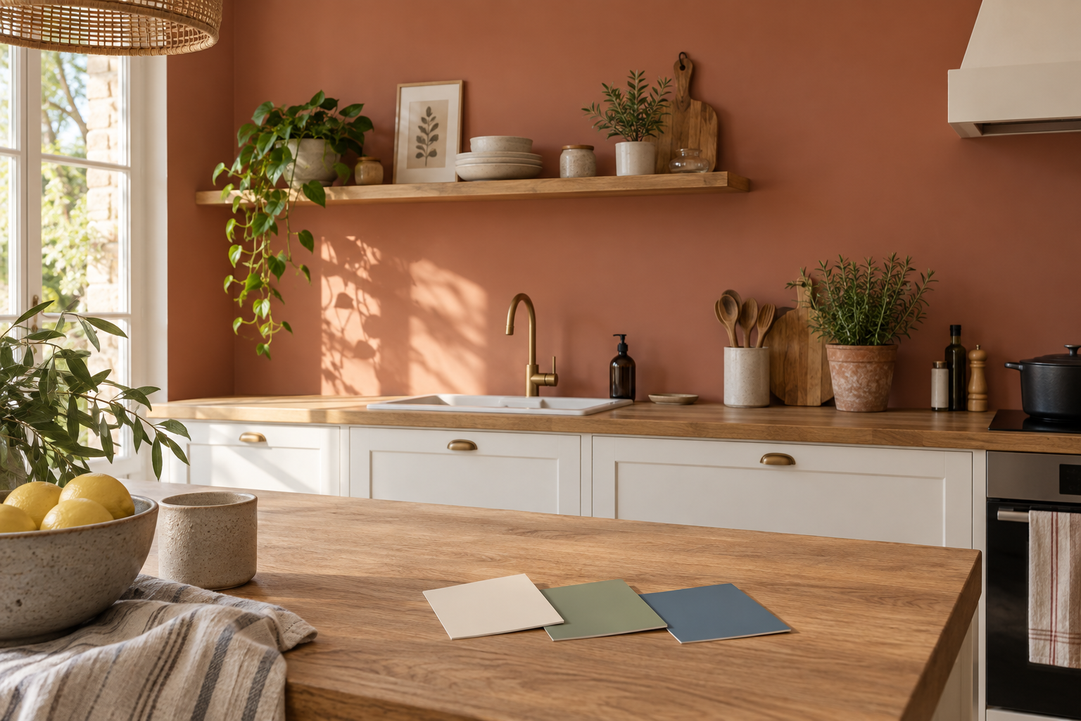 Mur terracotta dans une cuisine blanche et bois avec échantillons de peinture