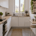Petite cuisine en L blanche et bois avec tablette repas rabattable
