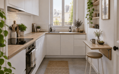 Petite cuisine en L blanche et bois avec tablette repas rabattable