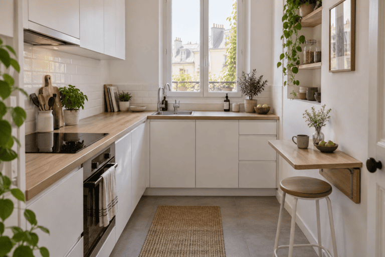 Petite cuisine en L blanche et bois avec tablette repas rabattable