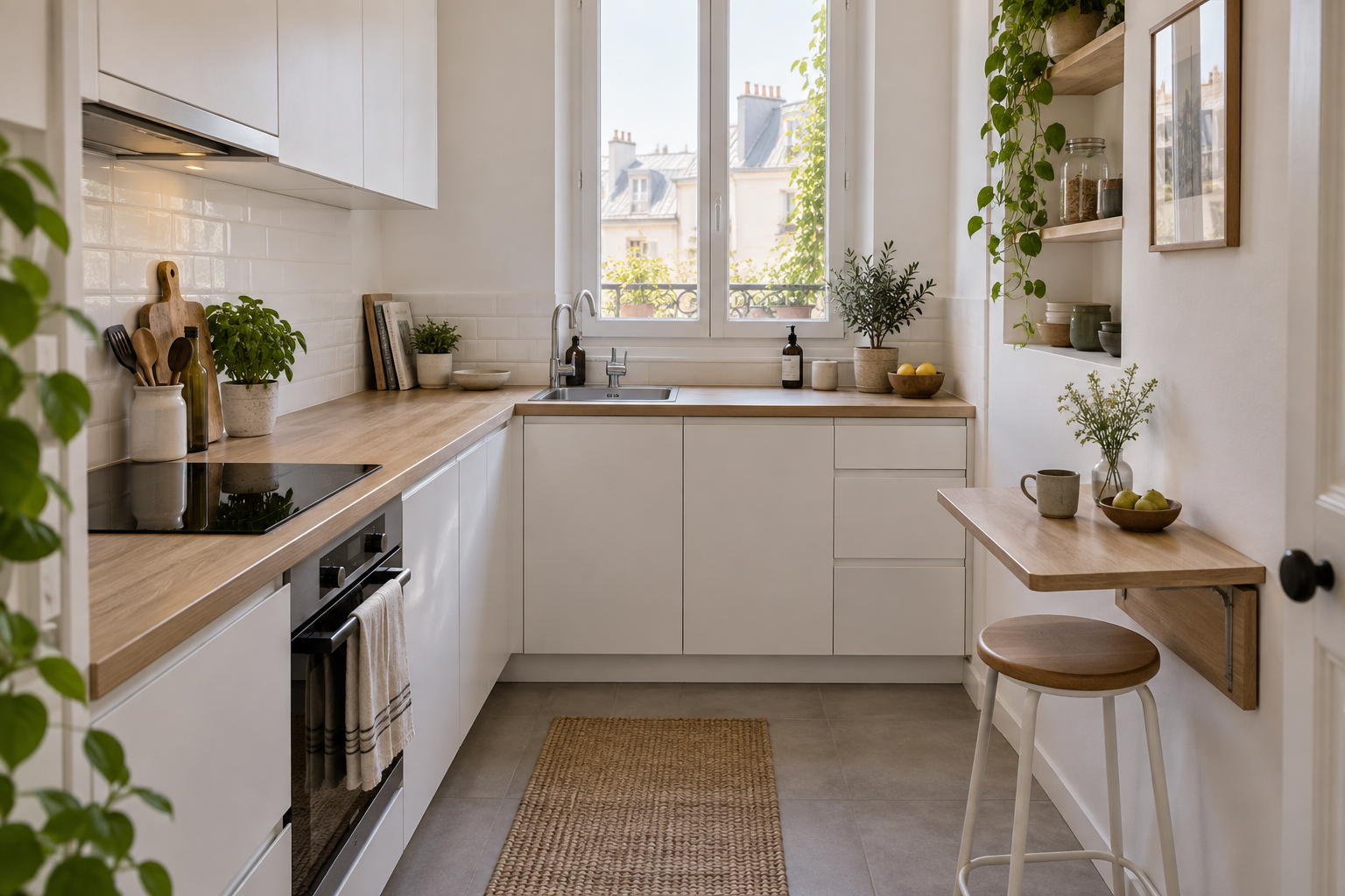 Petite cuisine en L blanche et bois avec tablette repas rabattable