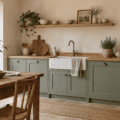 Cuisine de campagne avec façades vert sauge, plan en bois et évier en céramique