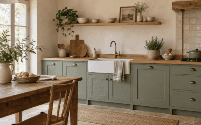 Cuisine de campagne avec façades vert sauge, plan en bois et évier en céramique