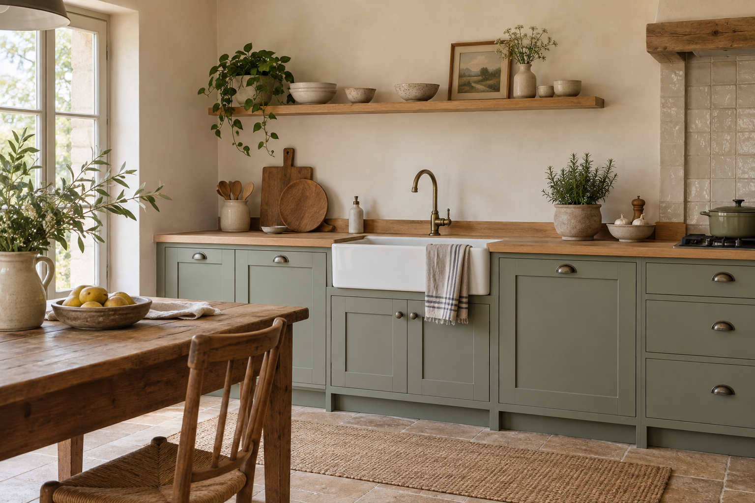 Cuisine de campagne avec façades vert sauge, plan en bois et évier en céramique