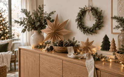 Décorations de Noël faites main en papier kraft, pommes de pin et rubans en lin