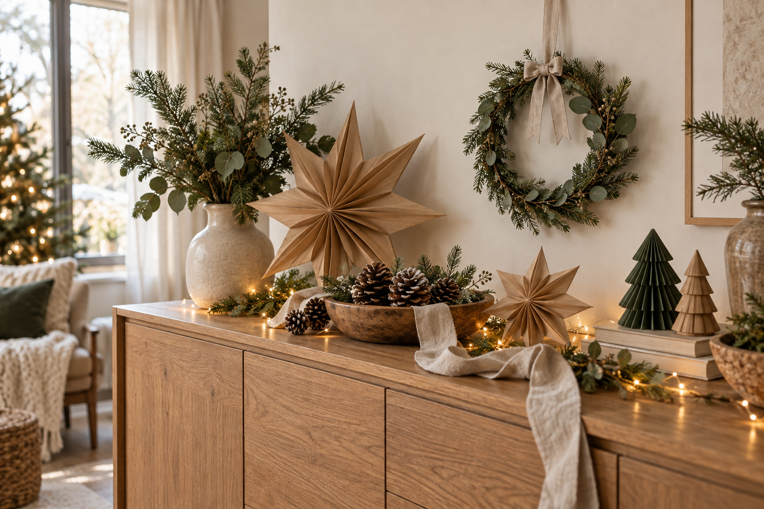 Décorations de Noël faites main en papier kraft, pommes de pin et rubans en lin