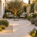 Petite cour moderne avec fauteuils, pots coordonnés et éclairage discret