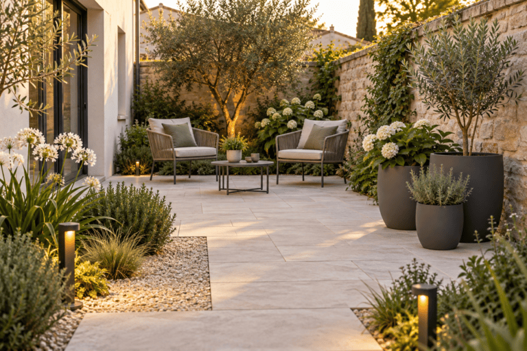 Petite cour moderne avec fauteuils, pots coordonnés et éclairage discret