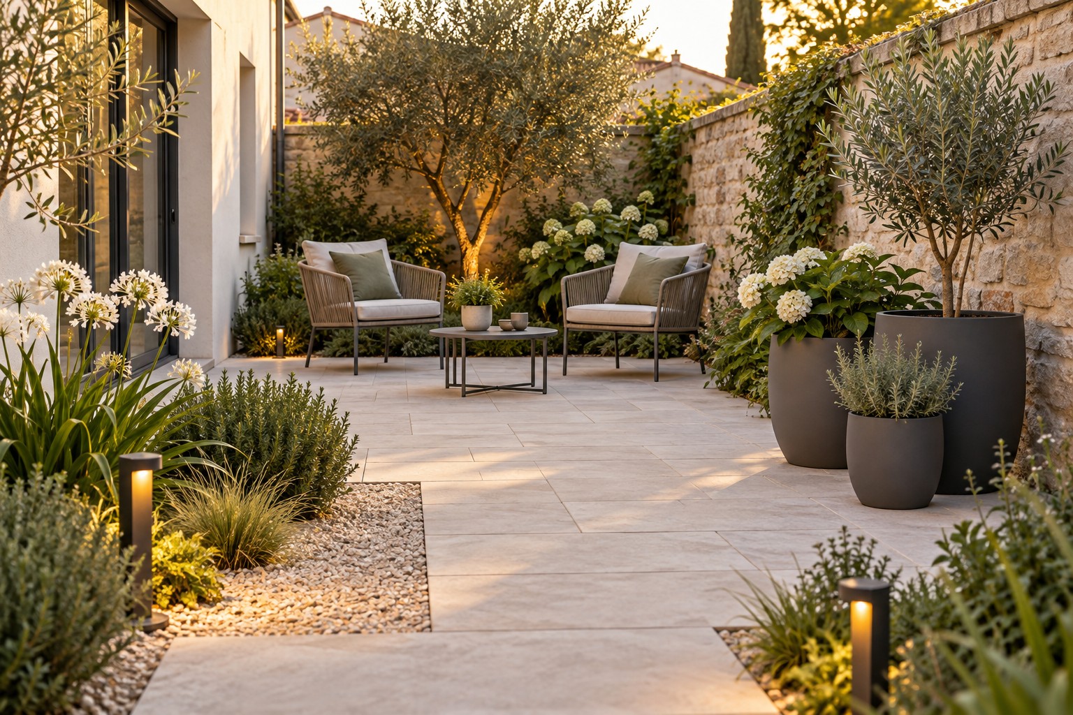 Petite cour moderne avec fauteuils, pots coordonnés et éclairage discret
