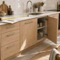 Meubles bas de cuisine en bois clair avec un mètre posé sur le plan de travail