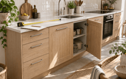 Meubles bas de cuisine en bois clair avec un mètre posé sur le plan de travail