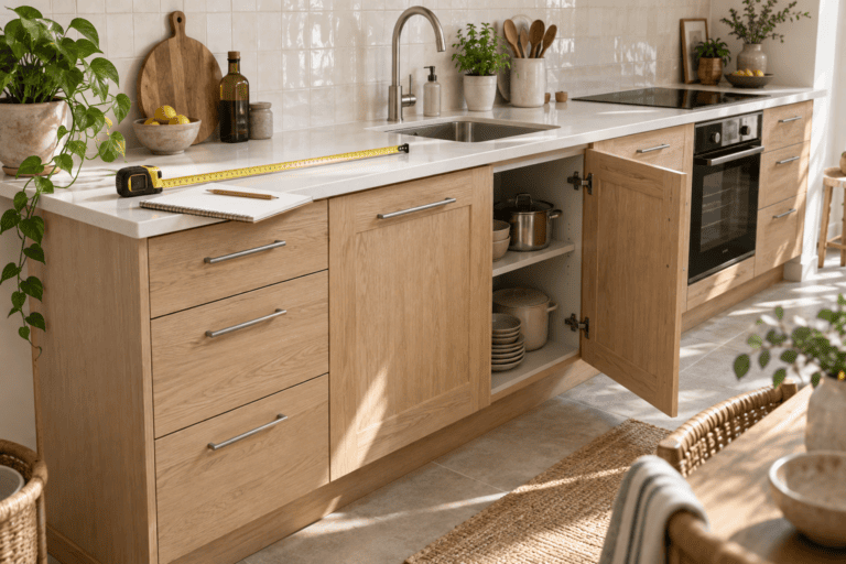 Meubles bas de cuisine en bois clair avec un mètre posé sur le plan de travail