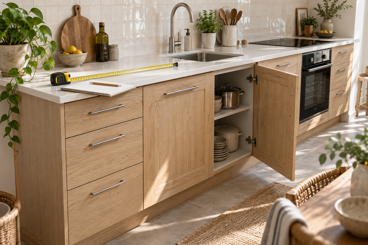 Meubles bas de cuisine en bois clair avec un mètre posé sur le plan de travail
