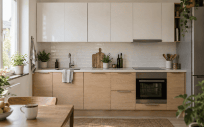 Cuisine claire avec meubles hauts au-dessus d’un plan de travail en bois