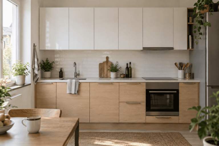 Cuisine claire avec meubles hauts au-dessus d’un plan de travail en bois