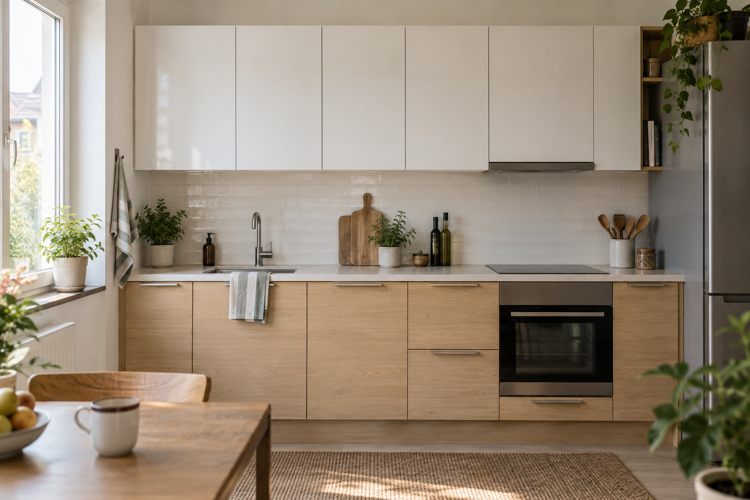 Cuisine claire avec meubles hauts au-dessus d’un plan de travail en bois