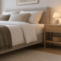 Table de chevet en chêne dont le plateau arrive près du niveau supérieur du matelas