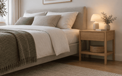 Table de chevet en chêne dont le plateau arrive près du niveau supérieur du matelas
