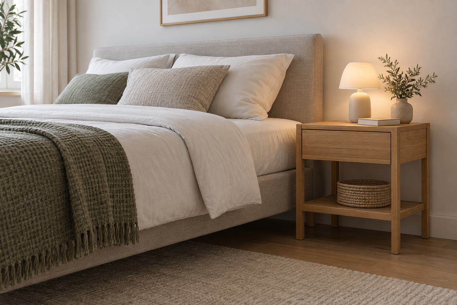 Table de chevet en chêne dont le plateau arrive près du niveau supérieur du matelas