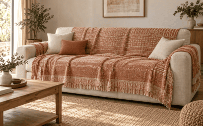 Grand jeté en coton terracotta et crème couvrant l’assise et le dossier d’un canapé beige