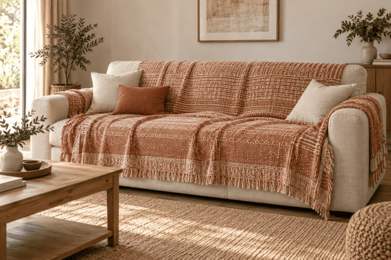Grand jeté en coton terracotta et crème couvrant l’assise et le dossier d’un canapé beige