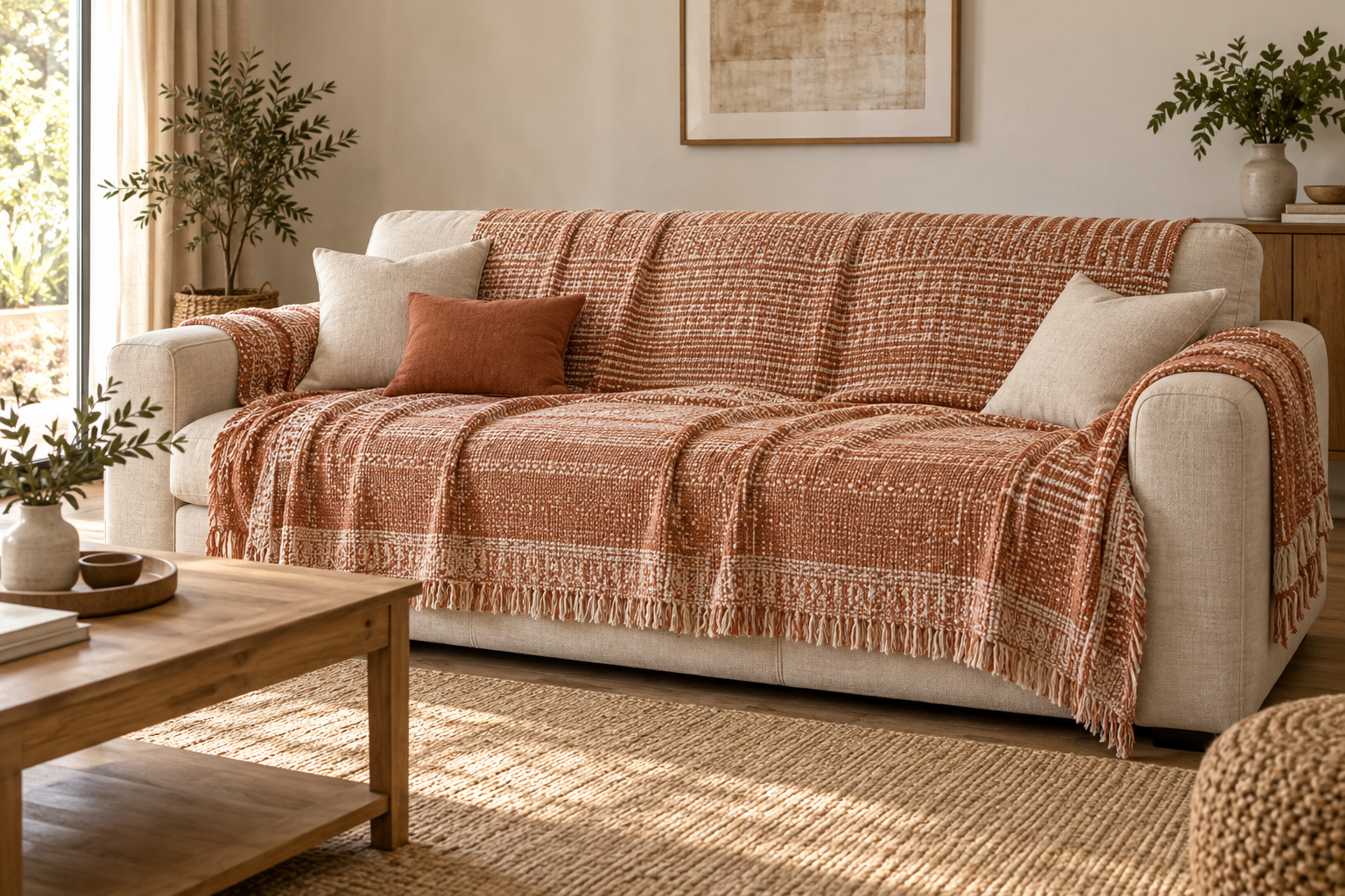 Grand jeté en coton terracotta et crème couvrant l’assise et le dossier d’un canapé beige