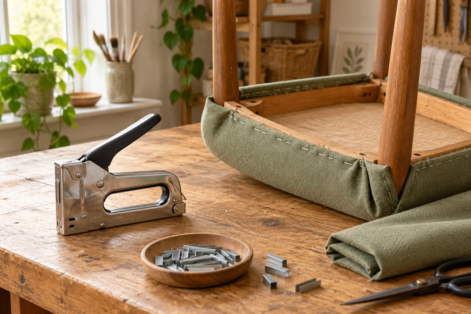 Agrafeuse manuelle sans marque posée à côté d’une assise recouverte de tissu vert sauge