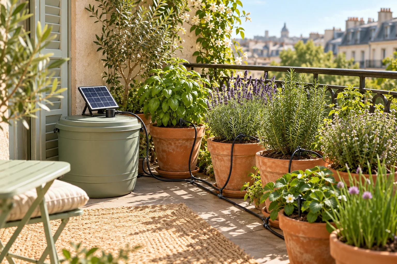 Illustration : arrosage de plantes sur un balcon