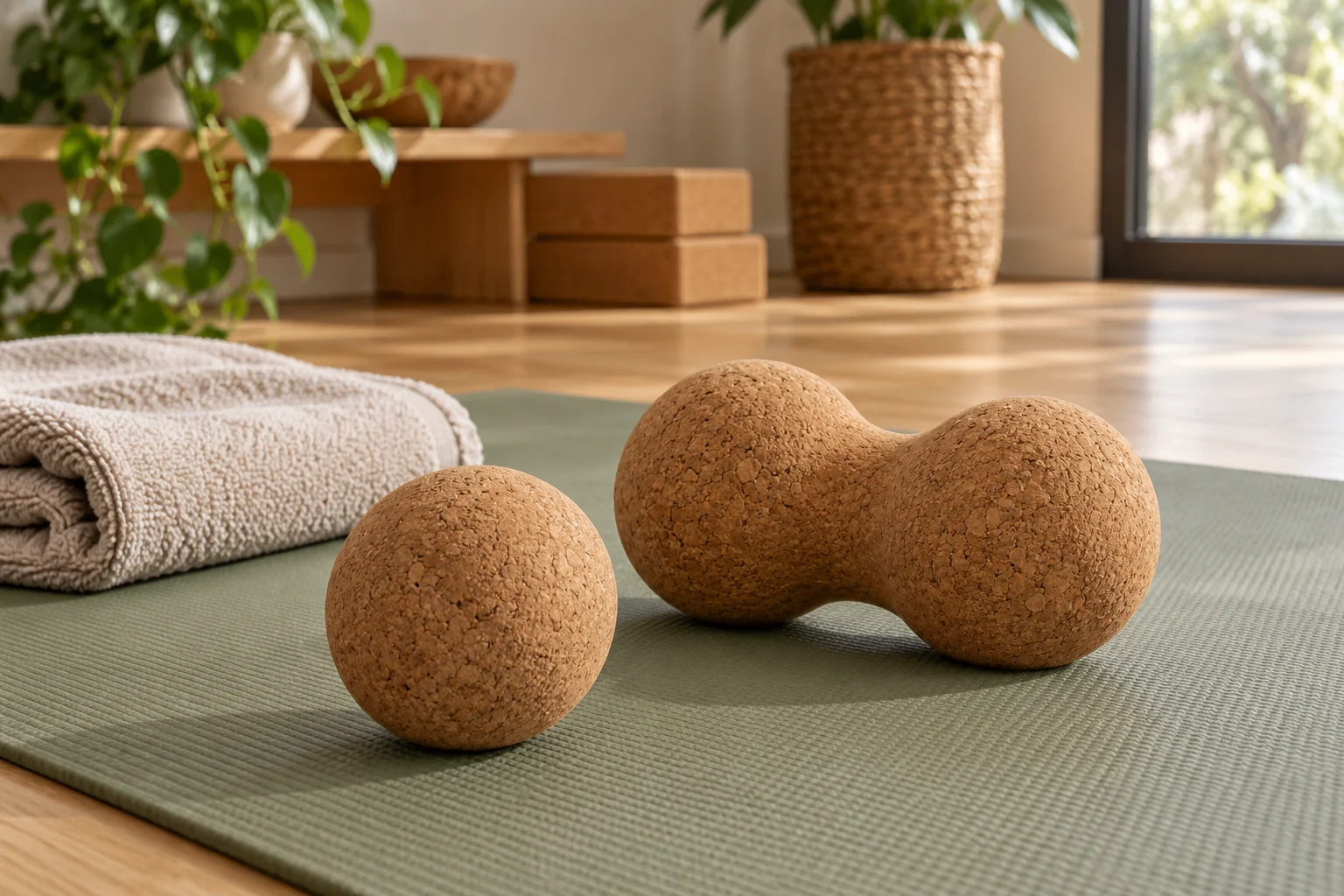 Balle simple et double balle en liège posées sur un tapis de sport avec une serviette
