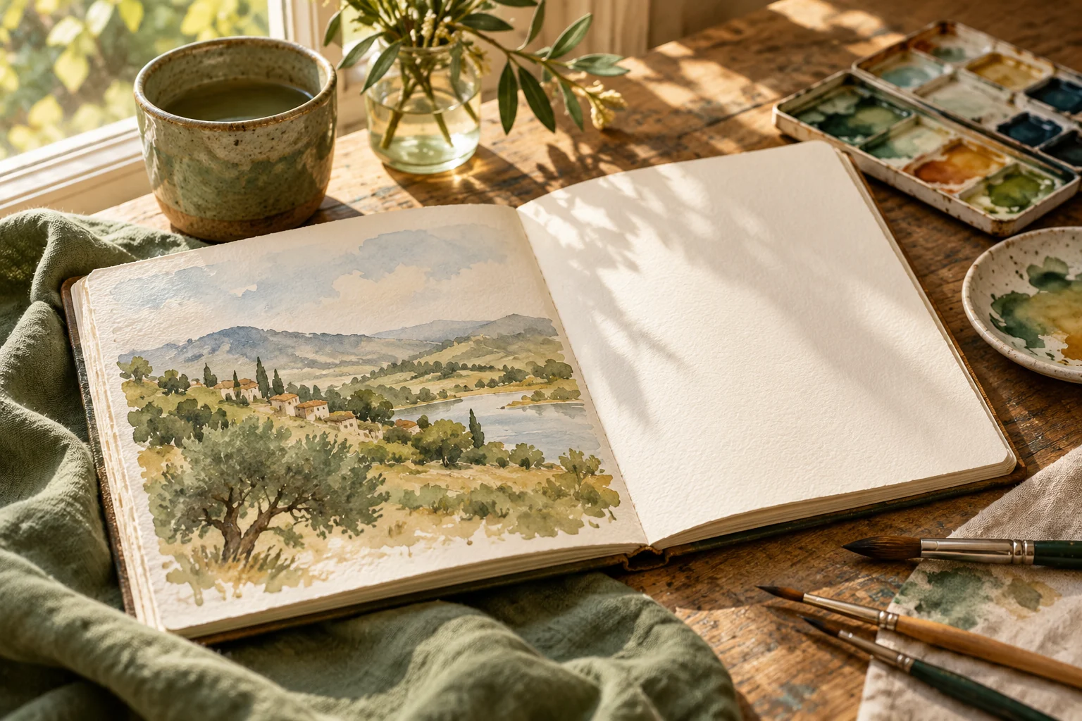 Illustration : carnet aquarelle ouvert sur un paysage