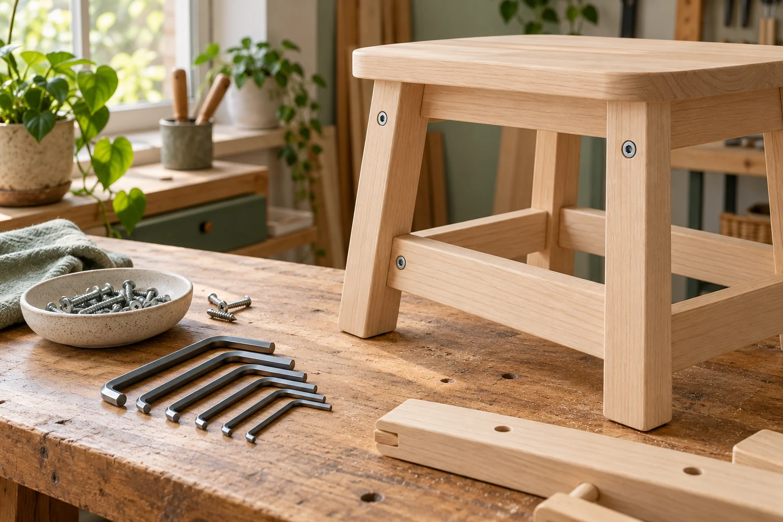 Illustration : jeu de clés Allen et assemblage de tabouret en bois