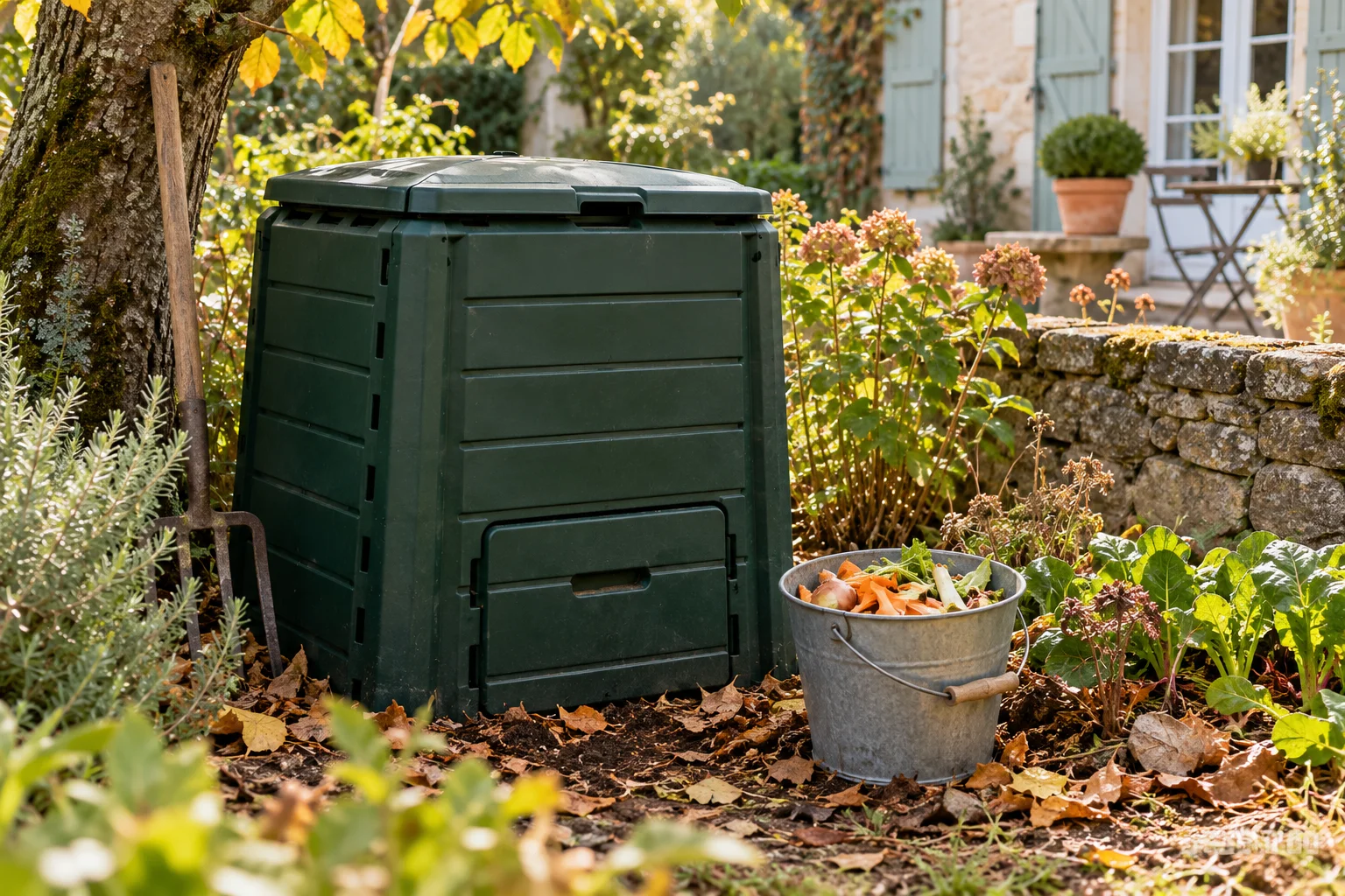 Illustration : composteur dans un petit jardin