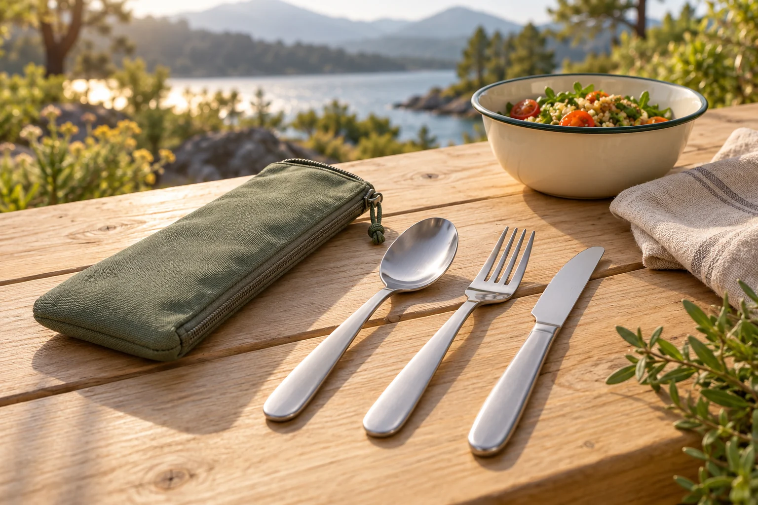 Couverts de camping en inox avec une pochette sur une table de pique-nique