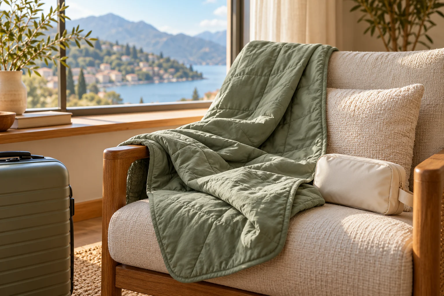 Couverture de voyage vert sauge sur un fauteuil, avec une pochette et un bagage